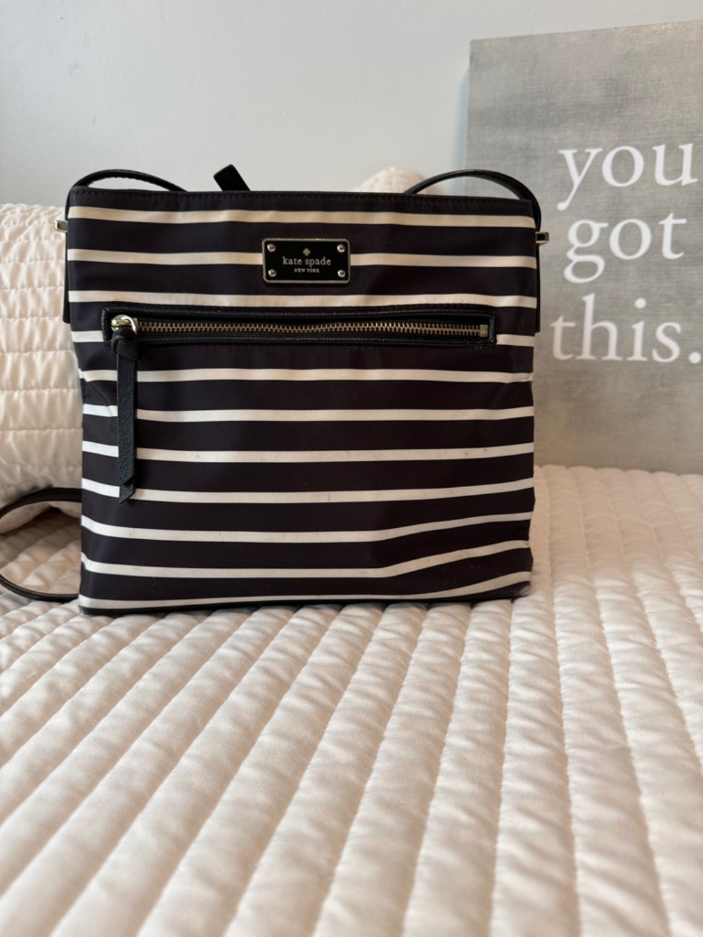 kate spade Black and White Striped Nylon Crossbody